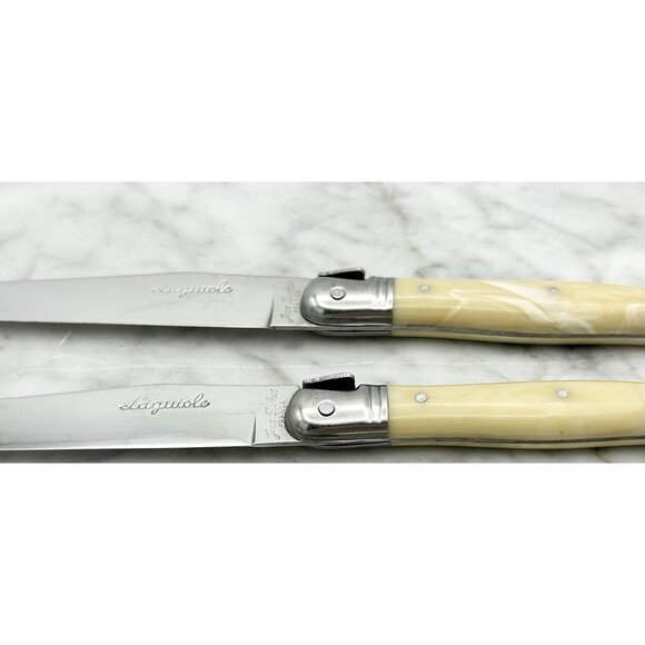 Set of 2 Authentic French Jean Dubost Laguiole Knives Stainless Swirl Handles - Picture 1 of 6